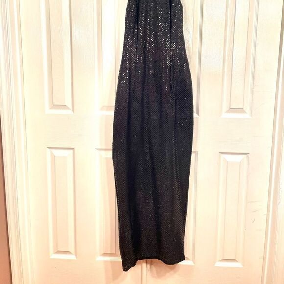 VINTAGE ROBERTA HIGH NECK BLACK SEQUIN GOWN 12 - Picture 2 of 8